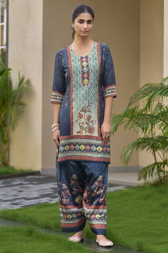 Dark blue chinon chiffon abstract print festive & party co-ord set
