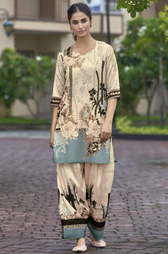 Beige chinon chiffon floral printed festive & party co-ord set