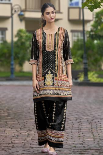 Black chinon chiffon abstract print festive & party co-ord set