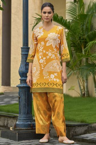 Yellow chinon chiffon floral printed festive & party co-ord set