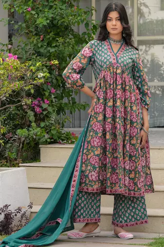 Moss green pure cotton sanganeri hand block kurta & palazzo set with sequin
work  comes with chiffon dupatta set of 3