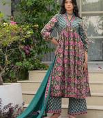 Moss green pure cotton sanganeri hand block kurta & palazzo set with sequin
work  comes with chiffon dupatta set of 3