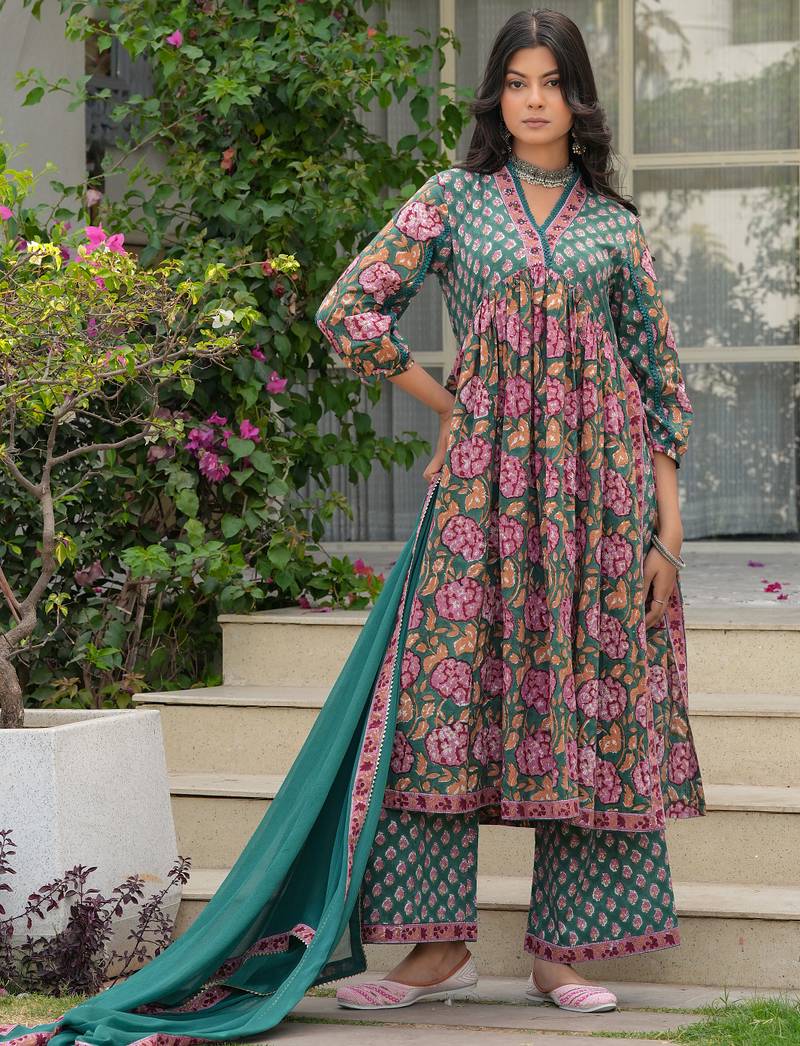Moss green pure cotton sanganeri hand block kurta & palazzo set with sequin
work  comes with chiffon dupatta set of 3