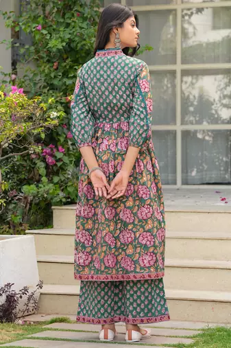 Moss green pure cotton sanganeri hand block kurta & palazzo set with sequin
work  comes with chiffon dupatta set of 3