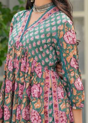 Moss green pure cotton sanganeri hand block kurta & palazzo set with sequin
work  comes with chiffon dupatta set of 3 4