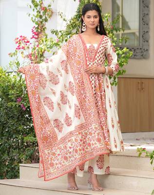 Cotton cream & red printed anarkali kurta with pants & mul dupatta set of 3 1