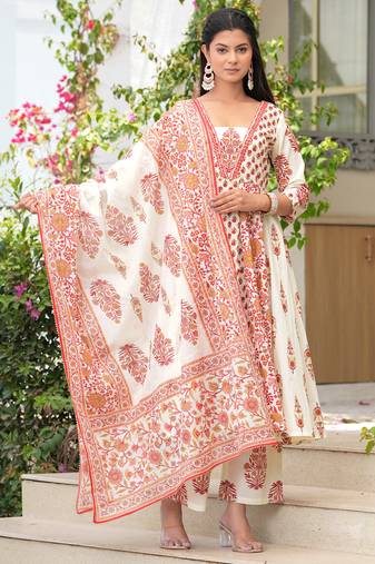 Cotton cream & red printed anarkali kurta with pants & mul dupatta set of 3