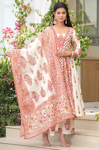 Cotton cream & red printed anarkali kurta with pants & mul dupatta set of 3