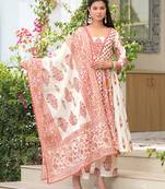Cotton cream & red printed anarkali kurta with pants & mul dupatta set of 3
