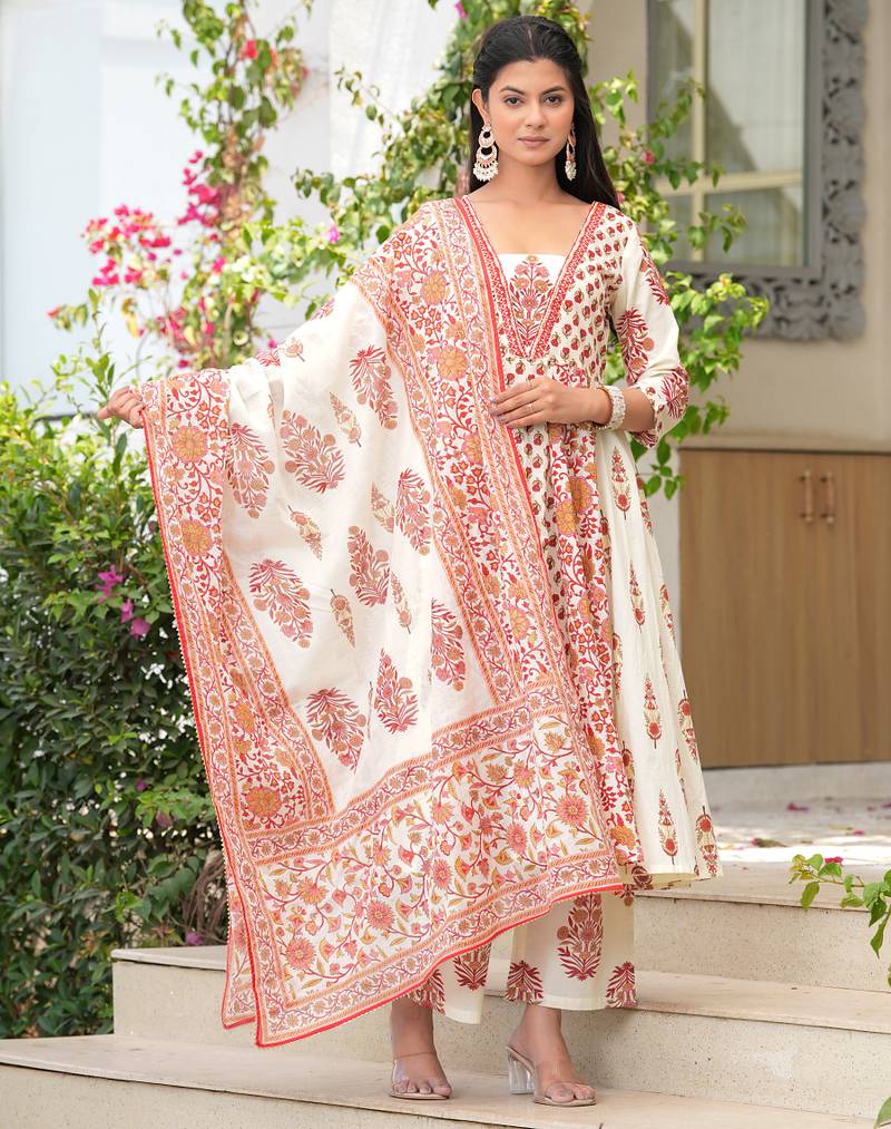 Cotton cream & red printed anarkali kurta with pants & mul dupatta set of 3