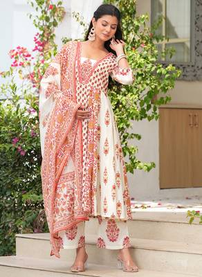 Cotton cream & red printed anarkali kurta with pants & mul dupatta set of 3 2