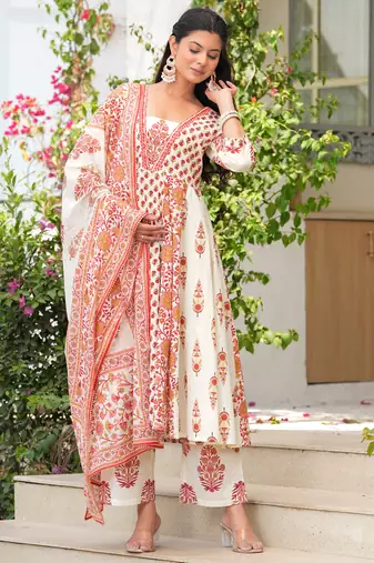 Cotton cream & red printed anarkali kurta with pants & mul dupatta set of 3