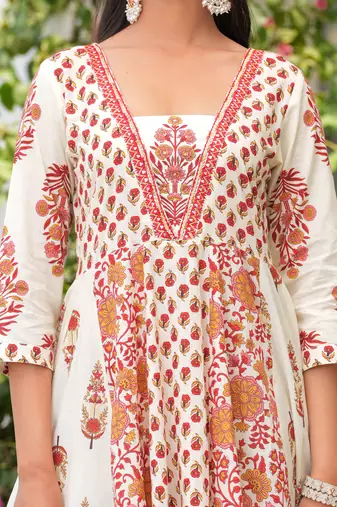 Cotton cream & red printed anarkali kurta with pants & mul dupatta set of 3