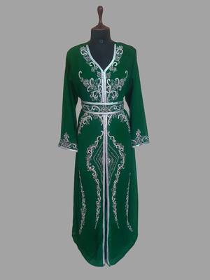 Dark Green color Handmade Moroccan Kaftan with hijjab 1