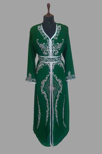 Dark Green color luxurious Handmade Moroccan Kaftan with hijjab