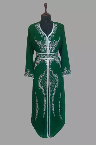 Dark Green color luxurious Handmade Moroccan Kaftan with hijjab