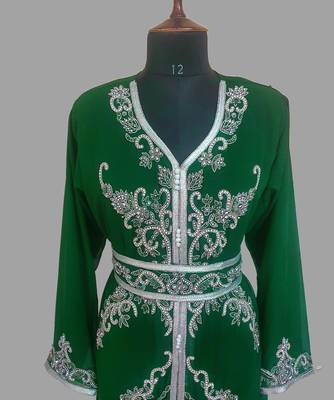 Dark Green color Handmade Moroccan Kaftan with hijjab 2