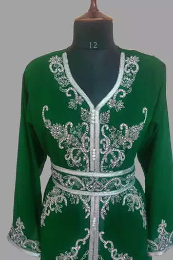 Dark Green color Handmade Moroccan Kaftan with hijjab