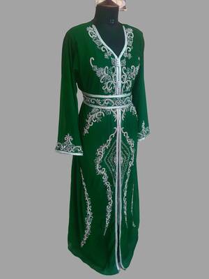 Dark Green color Handmade Moroccan Kaftan with hijjab 3