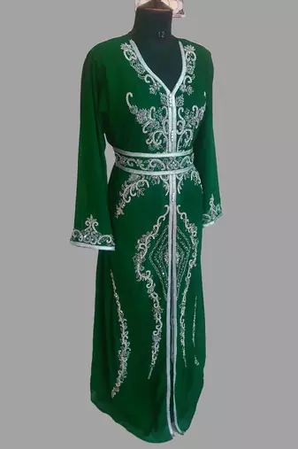 Dark Green color Handmade Moroccan Kaftan with hijjab