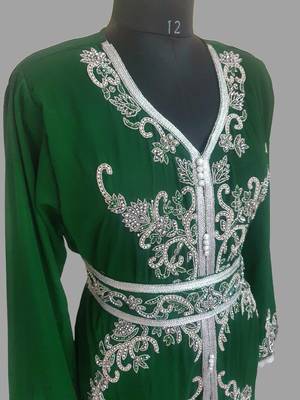 Dark Green color Handmade Moroccan Kaftan with hijjab 4