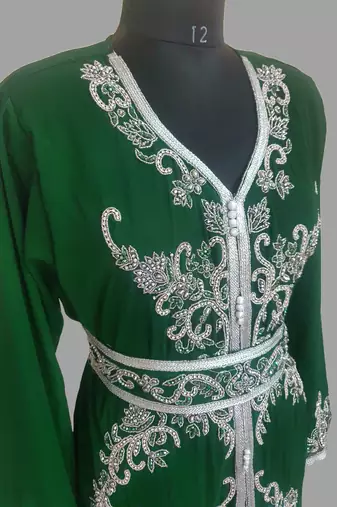 Dark Green color Handmade Moroccan Kaftan with hijjab