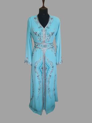 Turquoise blue color Handmade Moroccan Kaftan with hijjab 1