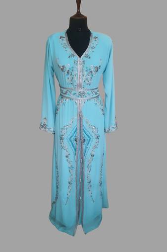 Turquoise blue color luxurious Handmade Moroccan Kaftan with hijjab