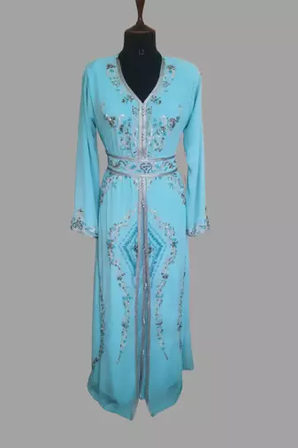 Turquoise blue color luxurious Handmade Moroccan Kaftan with hijjab