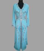 Turquoise blue color luxurious Handmade Moroccan Kaftan with hijjab