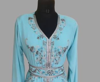 Turquoise blue color Handmade Moroccan Kaftan with hijjab 2