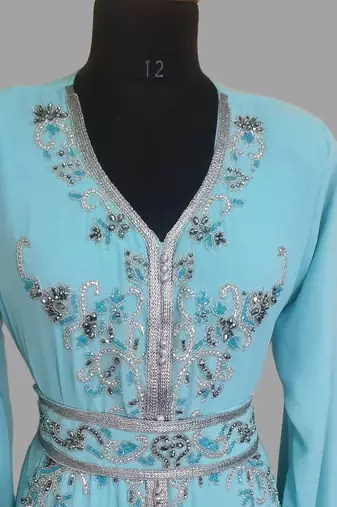 Turquoise blue color Handmade Moroccan Kaftan with hijjab