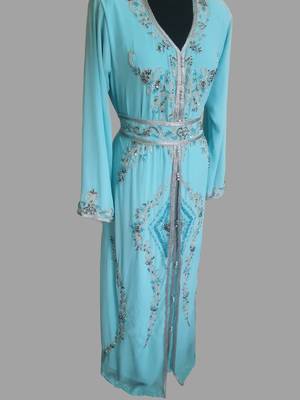 Turquoise blue color Handmade Moroccan Kaftan with hijjab 3