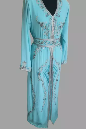 Turquoise blue color Handmade Moroccan Kaftan with hijjab
