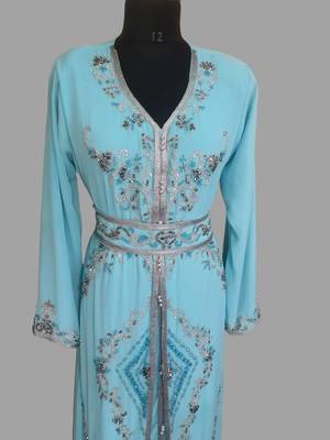 Turquoise blue color Handmade Moroccan Kaftan with hijjab 4