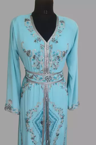 Turquoise blue color Handmade Moroccan Kaftan with hijjab
