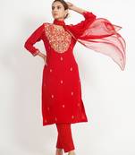 Red 'sheeshmahal' hand embroidered silk crepe womens  suit- set of 3