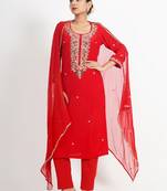 Red 'motimahal' hand embroidered silk crepe womens  suit- set of 3