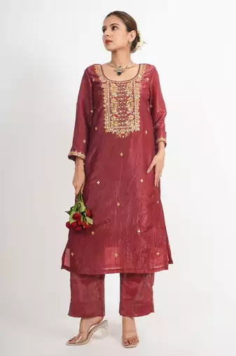 Chocolate maroon 'hawa mahal' hand embroidered crushed tissue organza   womens  suit- set of 2