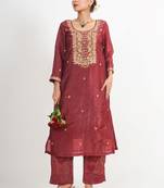 Chocolate maroon 'hawa mahal' hand embroidered crushed tissue organza   womens  suit- set of 2