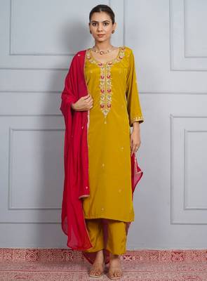 Mustard  yellow 'amber glow' hand embroidered silk crepe womens  suit- set of 3 1
