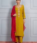 Mustard  yellow 'amber glow' hand embroidered silk crepe womens  suit- set of 3