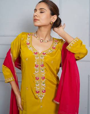 Mustard  yellow 'amber glow' hand embroidered silk crepe womens  suit- set of 3 3
