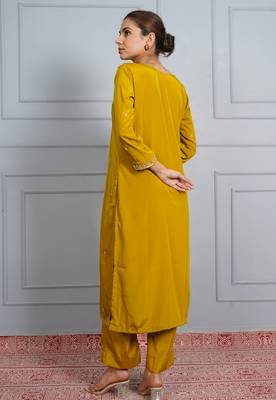Mustard  yellow 'amber glow' hand embroidered silk crepe womens  suit- set of 3 4