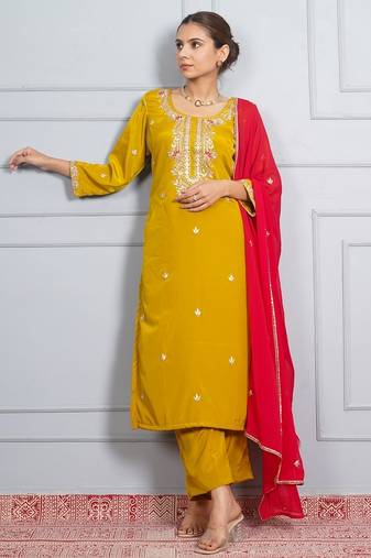 Mustard  yellow ' patrika gate' hand embroidered silk crepe womens  suit- set of 3