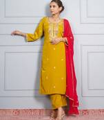 Mustard  yellow ' patrika gate' hand embroidered silk crepe womens  suit- set of 3