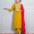 Mustard  yellow ' patrika gate' hand embroidered silk crepe womens  suit- set of 3