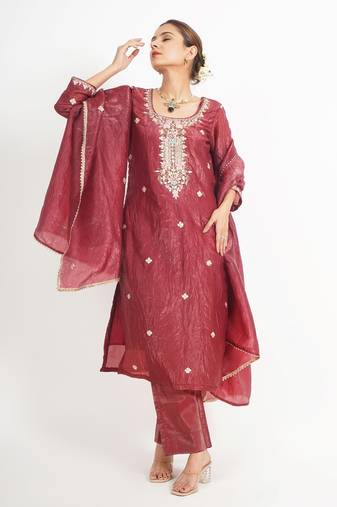 Chocolate maroon ' rang mahal' hand embroidered crushed tissue organza  womens  suit- set of 2