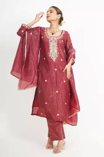 Chocolate maroon ' rang mahal' hand embroidered crushed tissue organza  womens  suit- set of 2