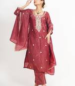 Chocolate maroon ' rang mahal' hand embroidered crushed tissue organza  womens  suit- set of 2